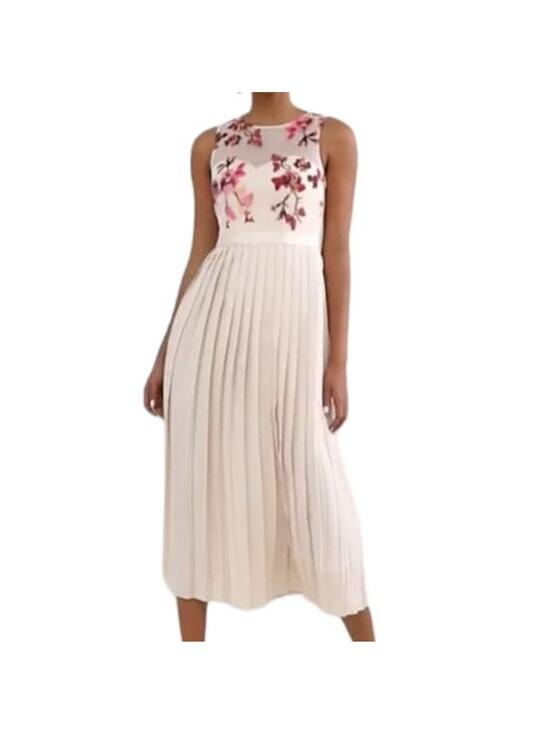 Little Mistress Dresses & Skirts - Little Mistress Cream Red Pink Embroidered Flowers Accordion Pleat Midi Dress 6